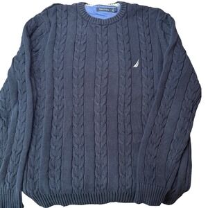 Nautica Sweater Mens Large Cotton Blue Pullover Cable Knit Sailboat Logo Casual